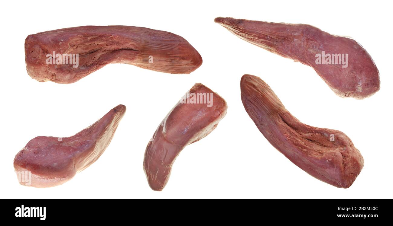 Beef tongue isolated on a white background.Offal.Cold snacks.Collage of food objects . Stock Photo