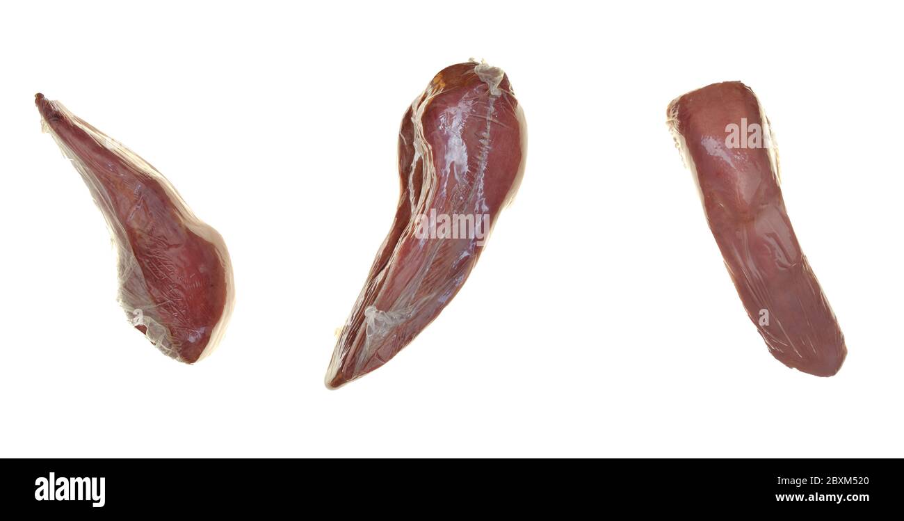 Beef tongue isolated on a white background.Offal.Cold snacks.Collage of food objects on a white background. Stock Photo