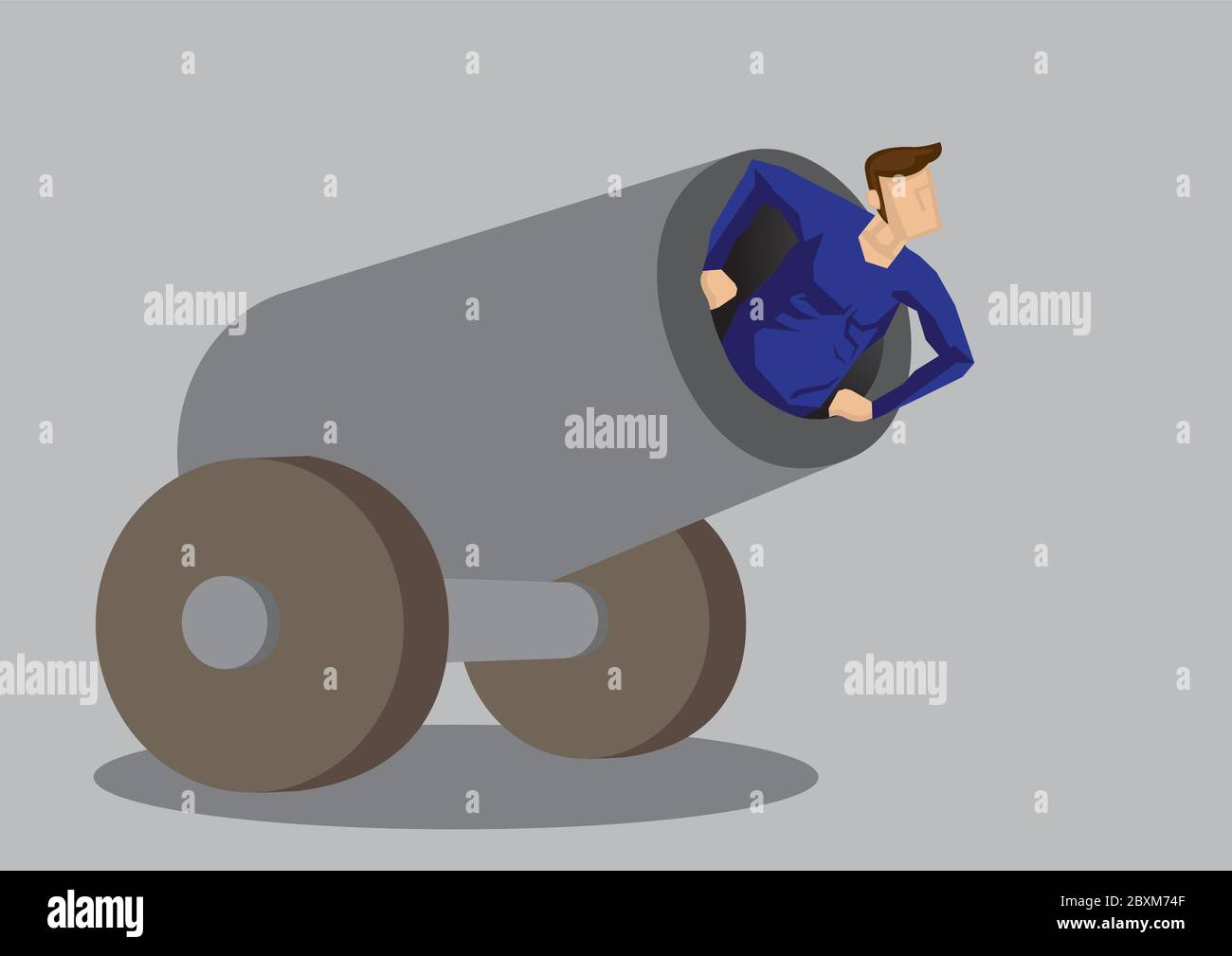 Cartoon vector illustration of a stunt performer in the mouth of a cannon on wheels isolated on grey background. Stock Vector