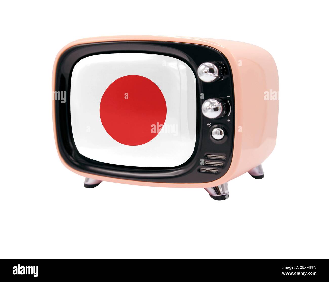 The retro old TV is isolated against a white background with the flag of Japan Stock Photo