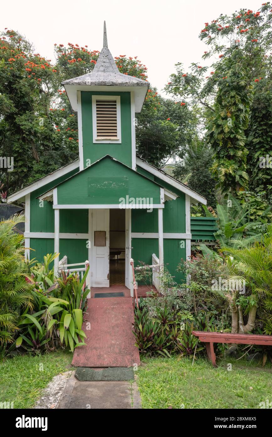 Ierusalema Hou Church on the island of Molokai, Hawaii, surrounded by lush vegetation. Stock Photo