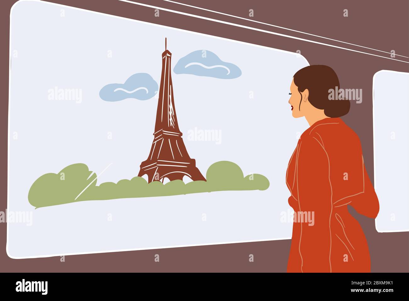 Young woman enjoying beautiful view on the Eiffel tower from the subway, traveling in Paris. Vector illustration in flat style Stock Vector