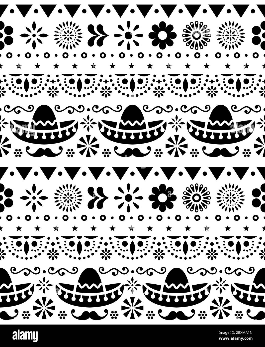 Mexican hat - sombrero and long mustache seamless vector floral pattern - textile, wallpaper design Stock Vector
