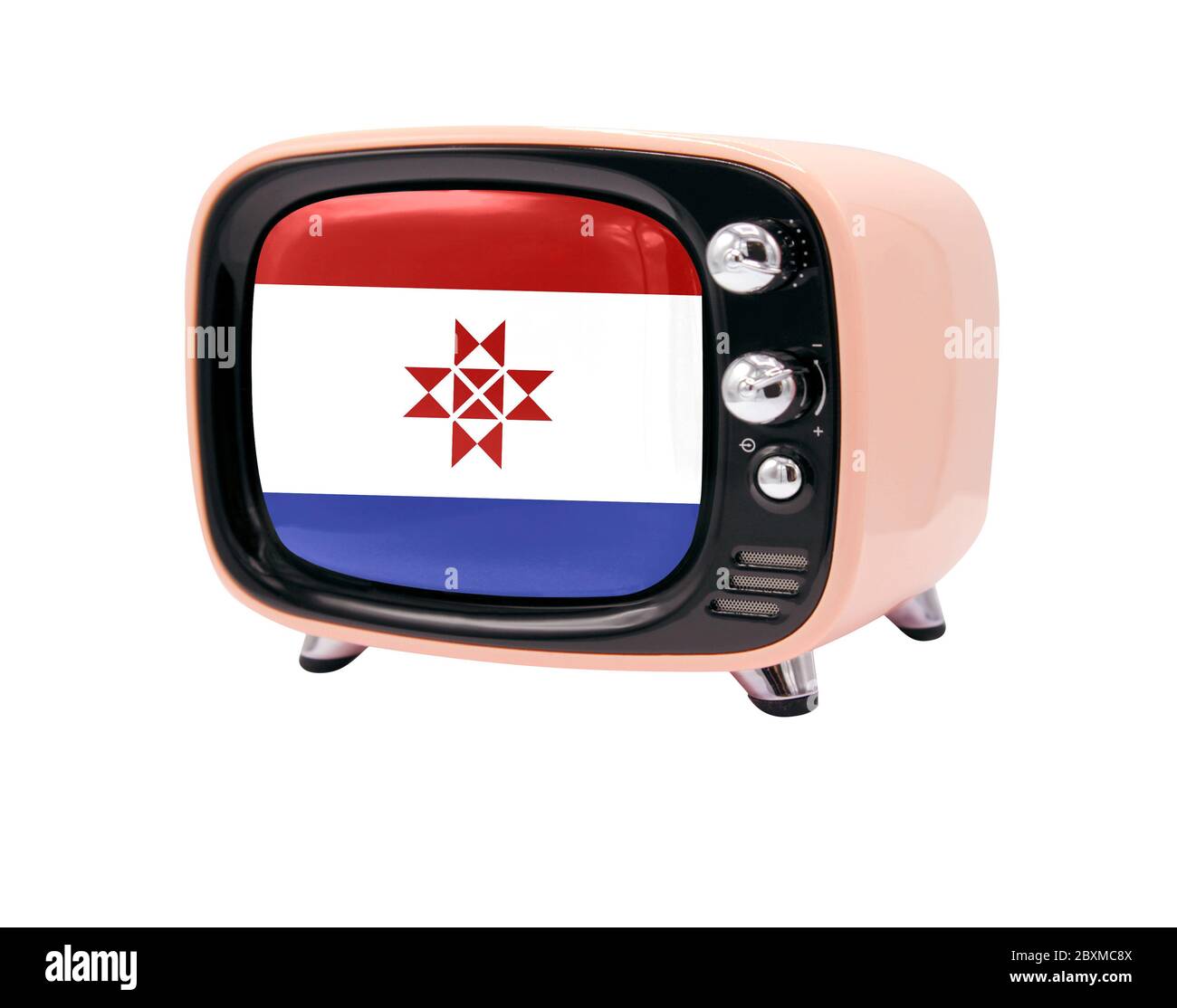 The retro old TV is isolated against a white background with the flag of Mordovia Stock Photo