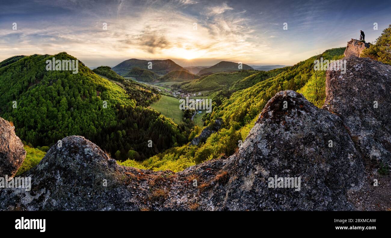 Majestic sunset in the mountains landscape. Dramatic sky. Carpathian, Slovakia, Europe. Beauty world. Stock Photo