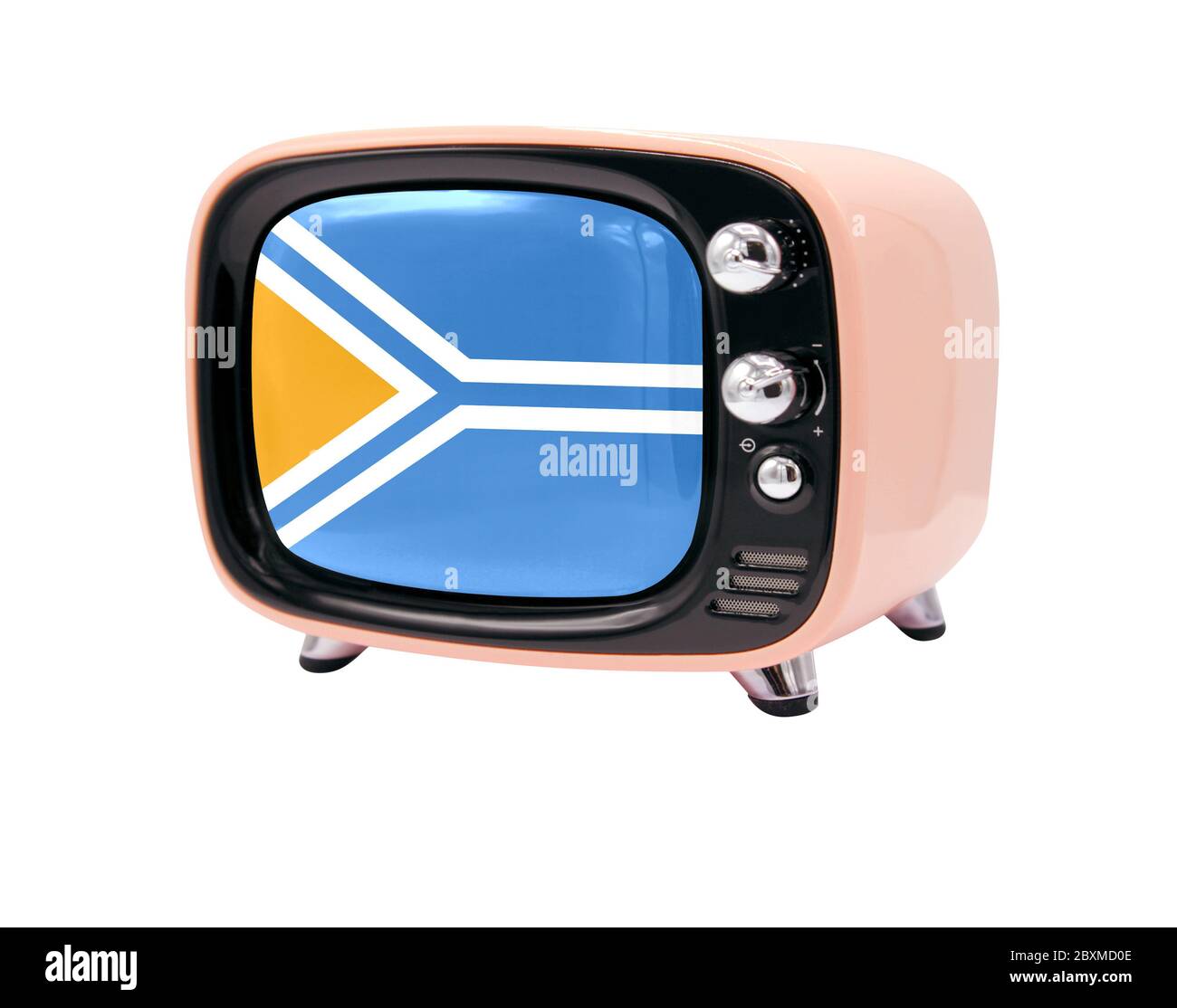 The retro old TV is isolated against a white background with the flag of Tuva Stock Photo