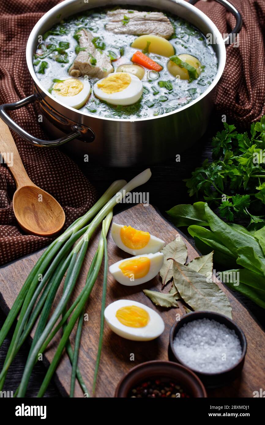 Polish sorrel soup of fresh sorrel, green onion, parsley with pork ribs, young potato, carrot