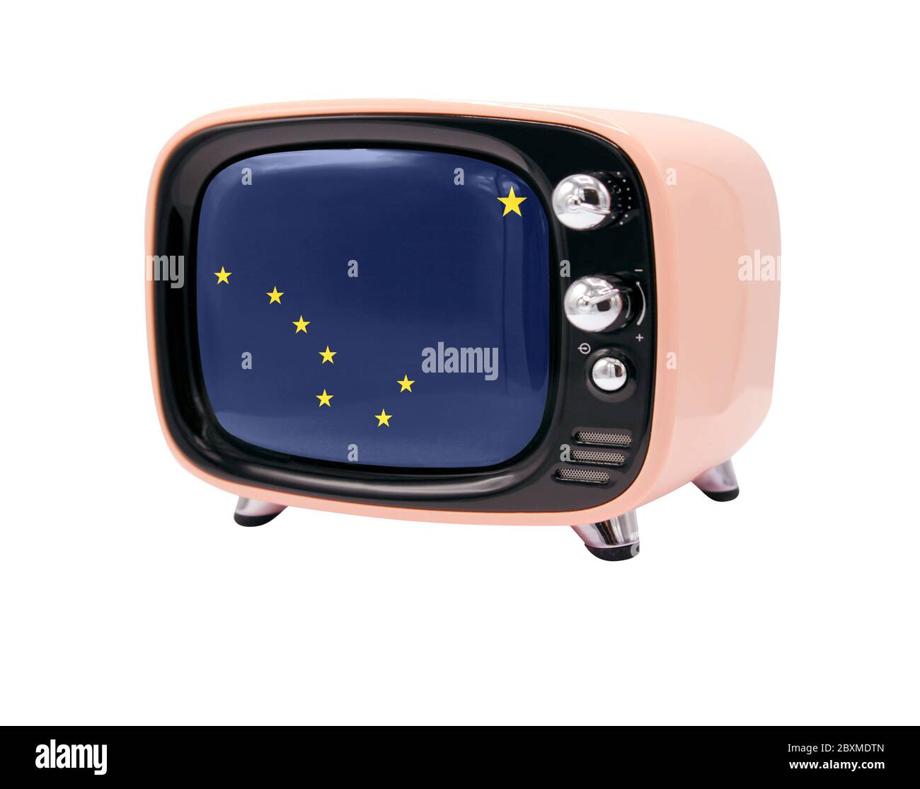 The retro old TV is isolated against a white background with the flag State of Alaska Stock Photo
