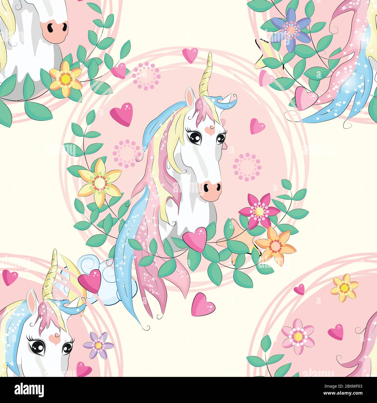 seamless pattern with cute unicorns, clouds,rainbow and stars. Magic ...