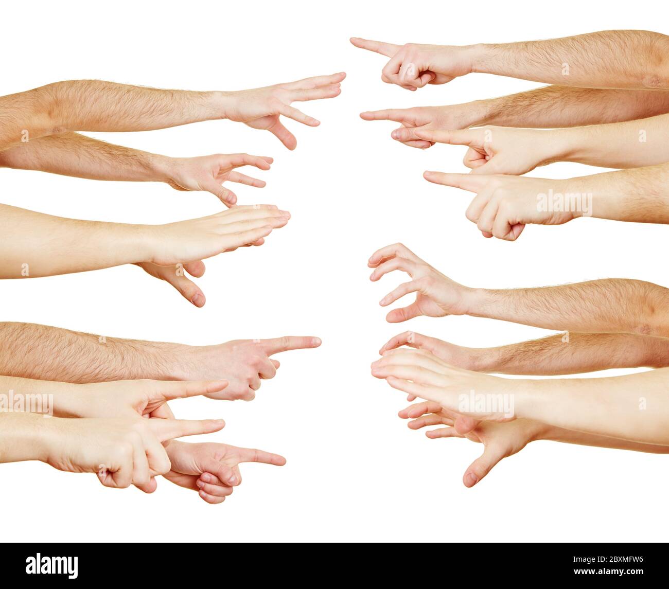 Many outstretched hands are in competition with each other Stock Photo