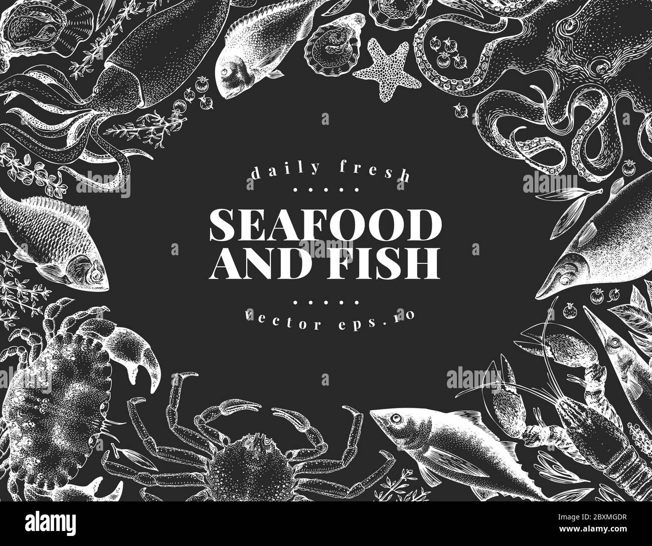 Hand drawn seafood design template. Vector crabsfishes and oystrers ...