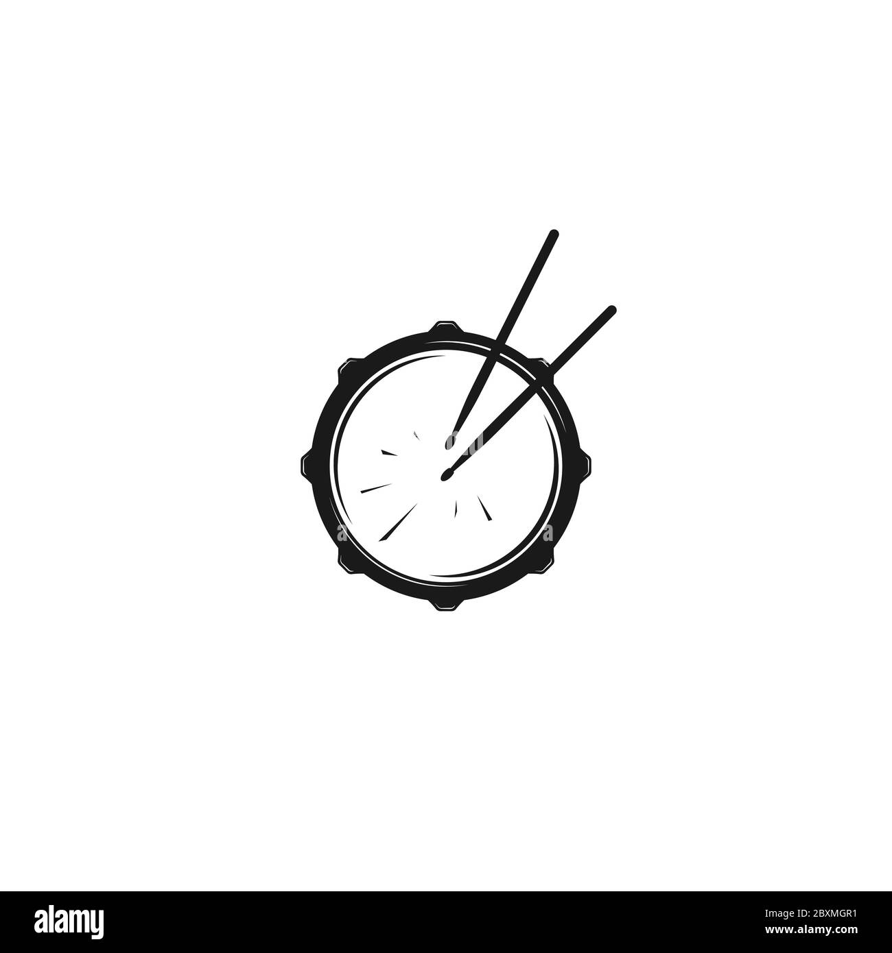 Vector logo of rock school or rock band. Snare drum with drumsticks. Rock music label. Vecor logo isolated on white. Stock Vector