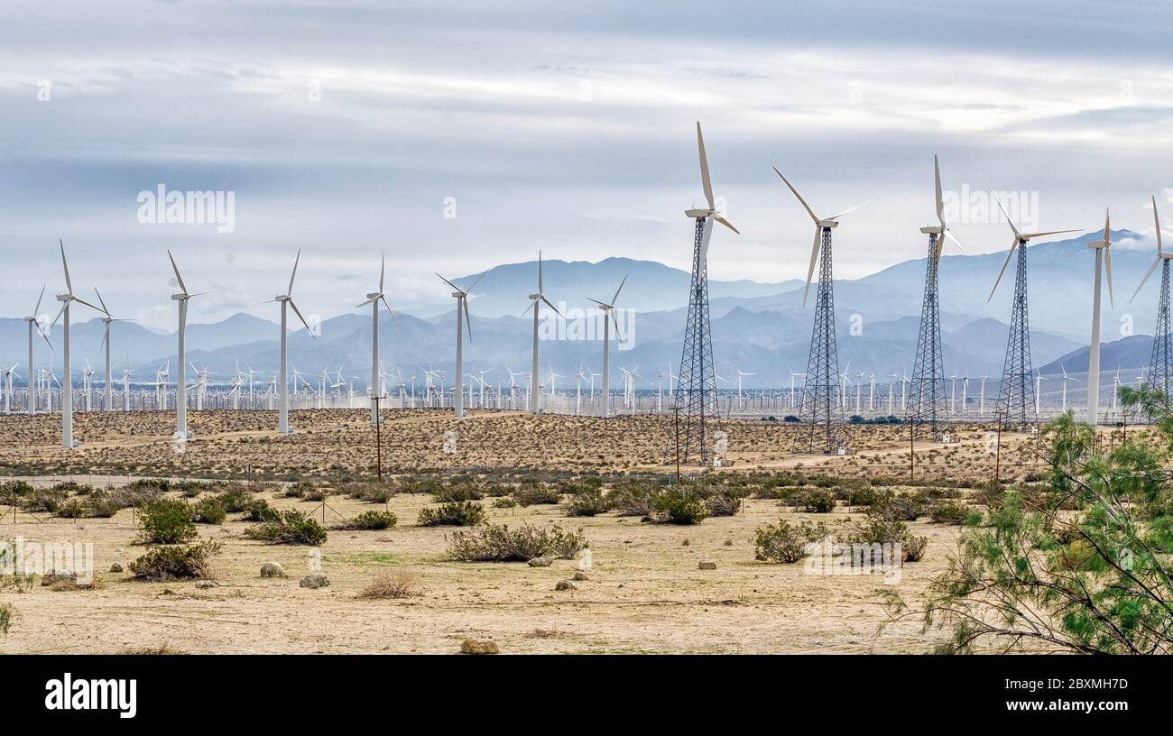 Windmills in the California desert near Mojave, California Stock Photo