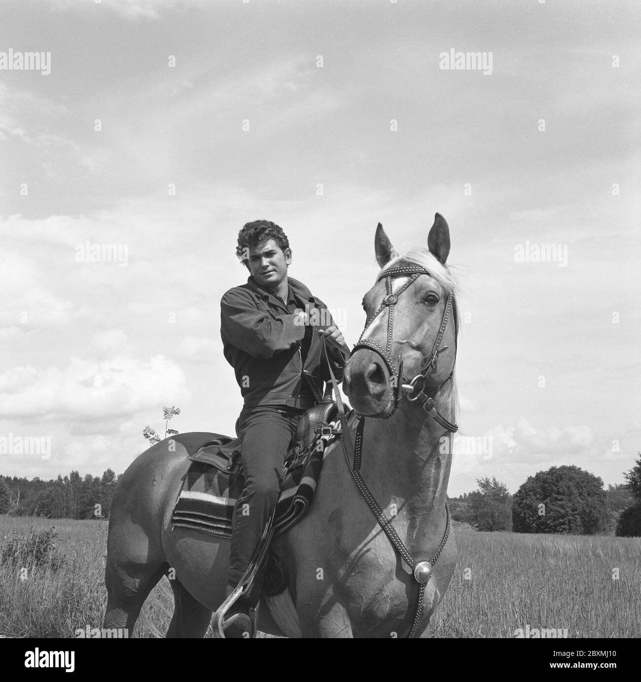 Michael Landon. American Actor. 1936-1991. Famous for his role in the american tv-serie Bonanza where he played Little Joe. Pictured when visiting Sweden 1962 and arrives at the Arlanda airport in Stockholm. A horse was ready for him to ride once out of the airplane. Stock Photo