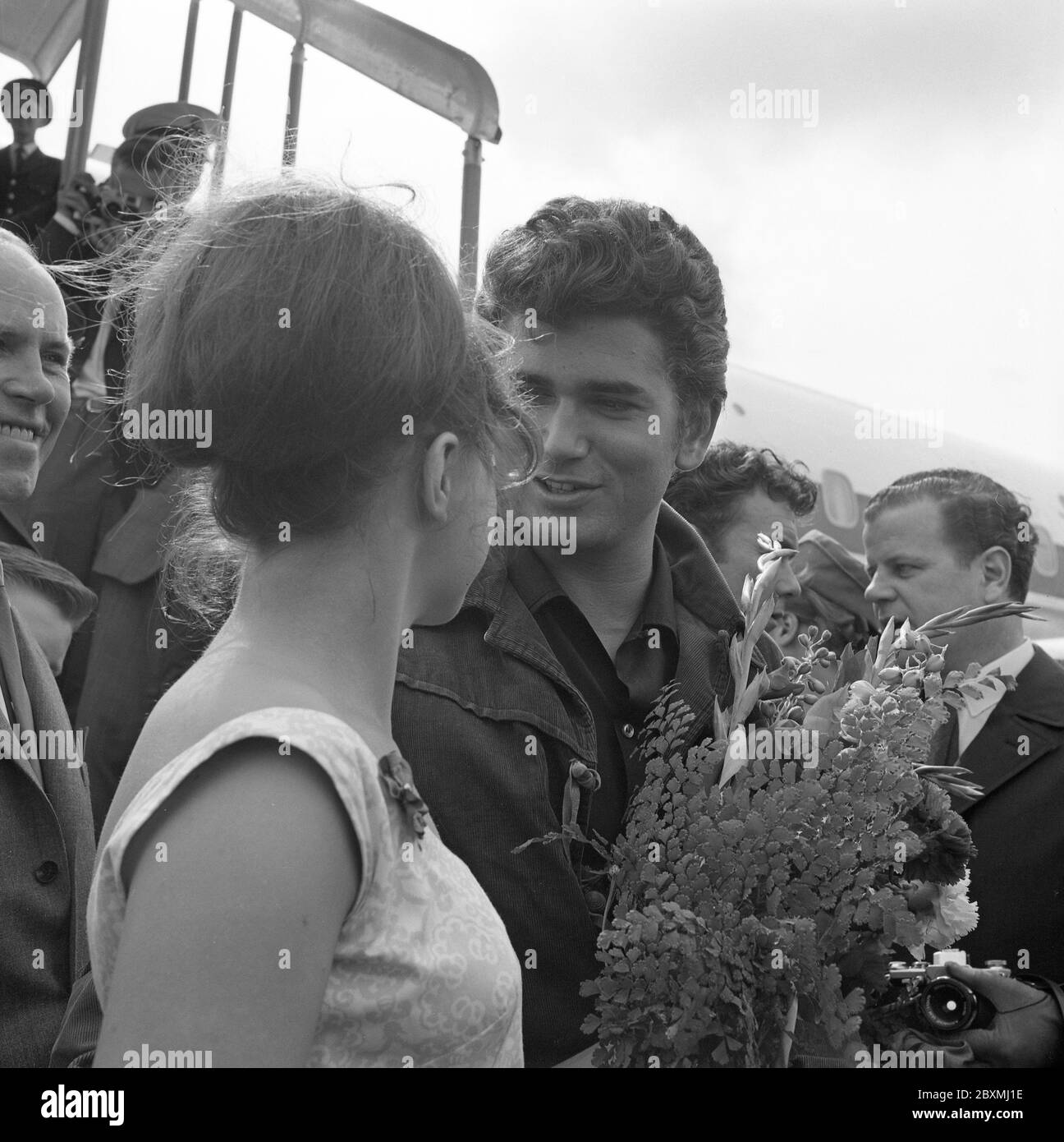 Michael Landon. American Actor. 1936-1991. Famous for his role in the american tv-serie Bonanza where he played Little Joe. Pictured when visiting Sweden 1962 and arrives at the Arlanda airport in Stockholm. Stock Photo