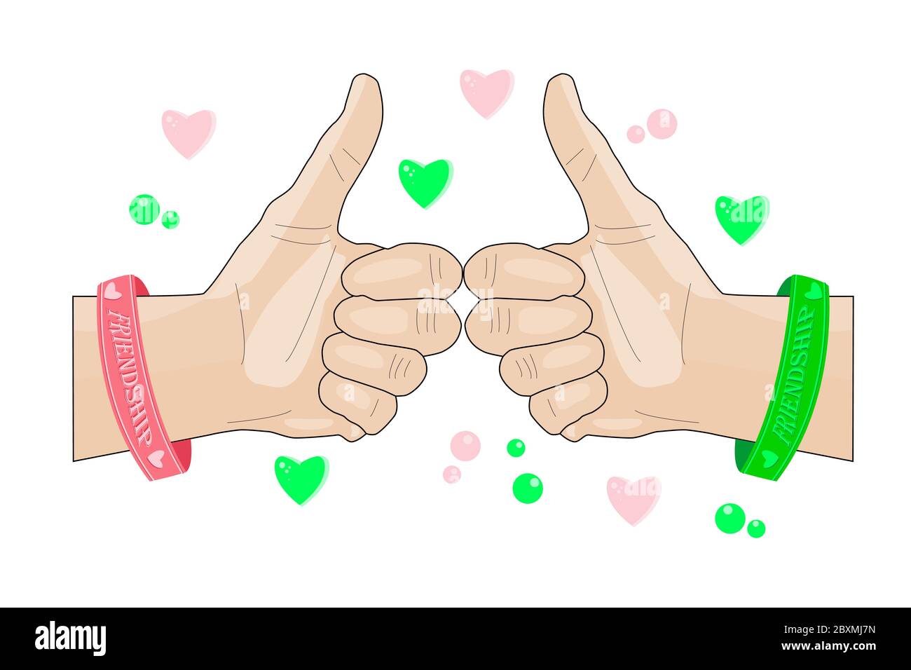 Friendship gesture isolated on white background. Happy friendship day. Hands with rubber bracelets. Celebrating friendship day concept. Stock vector Stock Vector