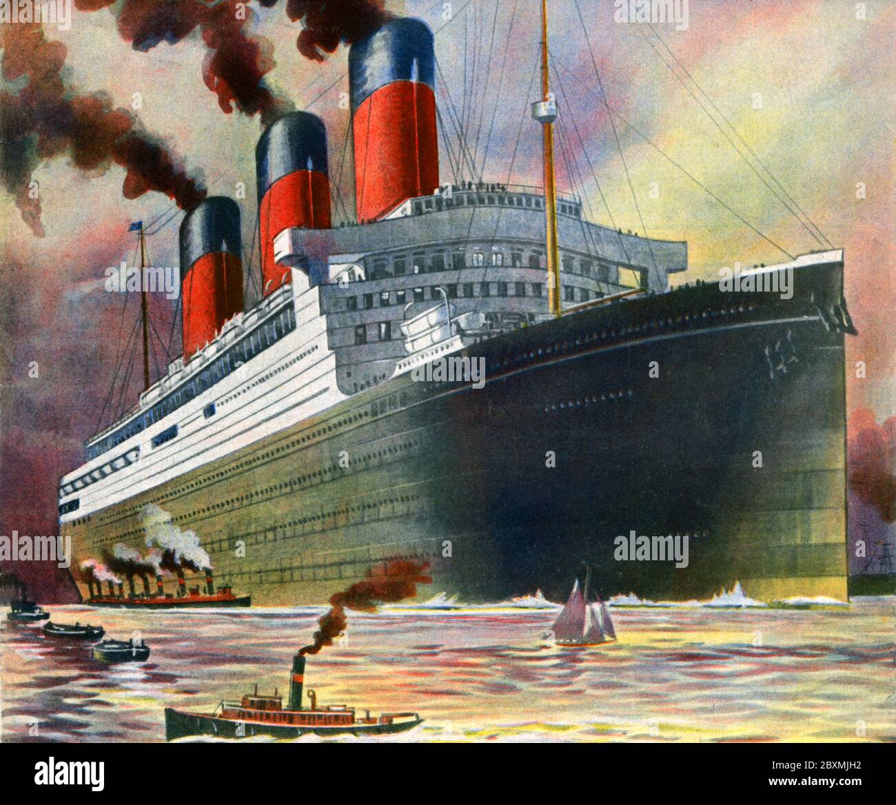 RMS Majestic. A passanger ship built 1914 and was originally named SS Bismarck. It was 291 meter long and took 3500 passangers. White Star Line had the ship cross the atlantic in five days, 18 hours, 8 minutes at a cruising speed of average 20,1 knots. Illustration from 1923 Stock Photo