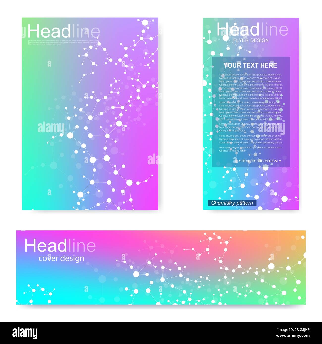 Set flyer, brochure size A4 template,banner. Molecular structure with connected lines and dots.Colorful vector covers with titles Stock Vector