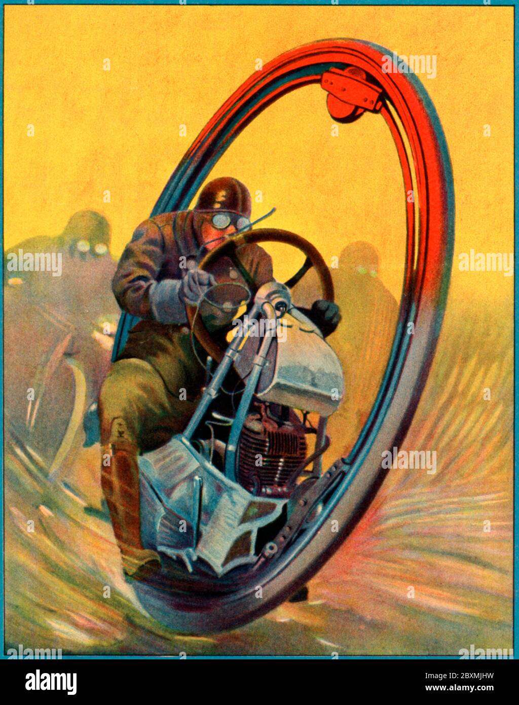 Odd vehicle in the 1920s. Italian inventor Davide Gislaghi is the brain behind the Unicycle. A mono wheel motorcycle that consist of an outer wheel of rubber on the road and an inner ring witch is not following the outer rings movement. The driver is then alway stable thanks to the weight of the weight of the driver and the engine. 1925 Stock Photo