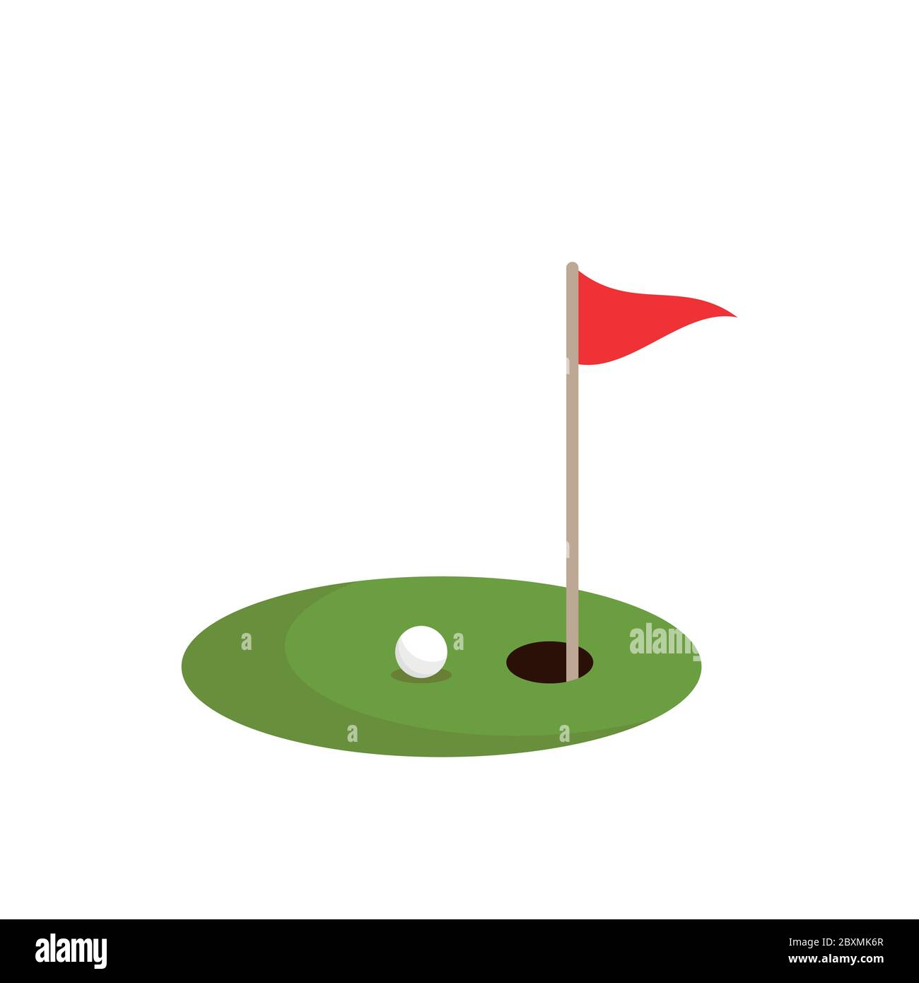 golf ball on green grass and hole with red flag. Isolated on white