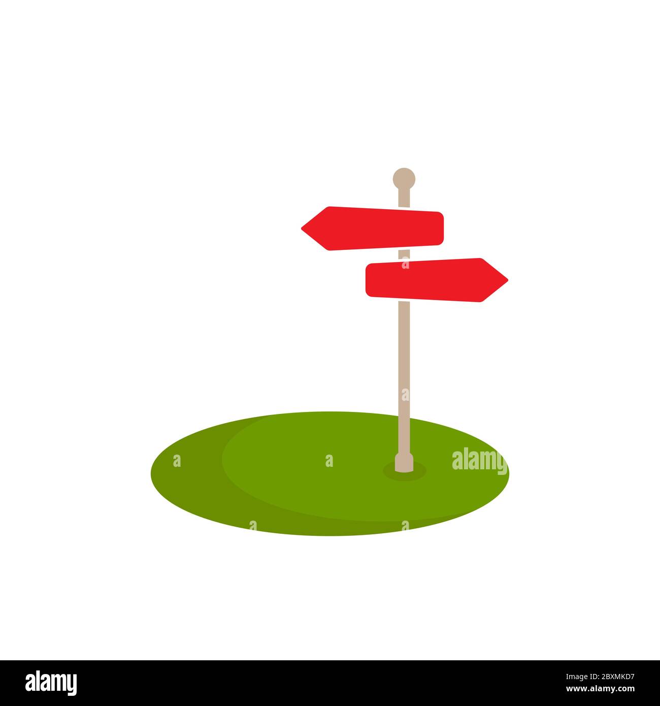 Red arrow signpost, pole pointer on grass. Street or road sign isolated on white background. Vector flat illustration isolated on white Stock Vector