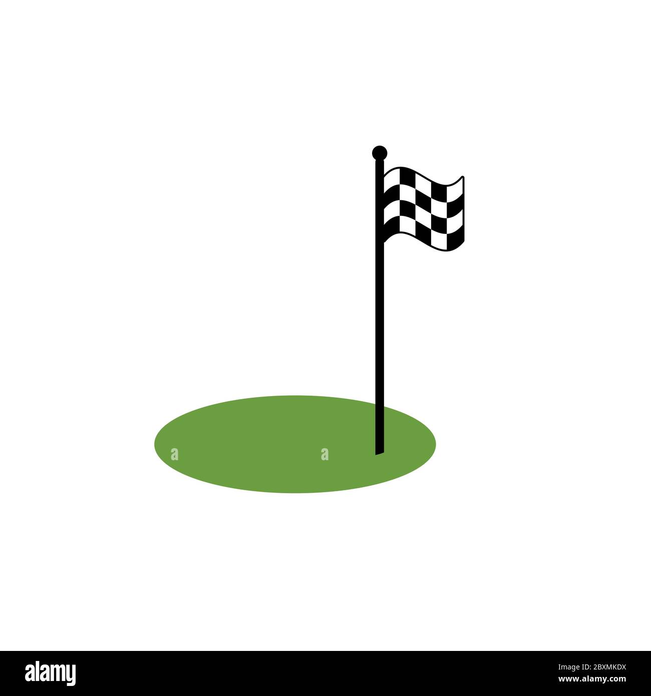 race checkered finish flag on green grass. Isolated on white background. Flat vector illustration. Sport concept. Goal achievement sign. Stock Vector