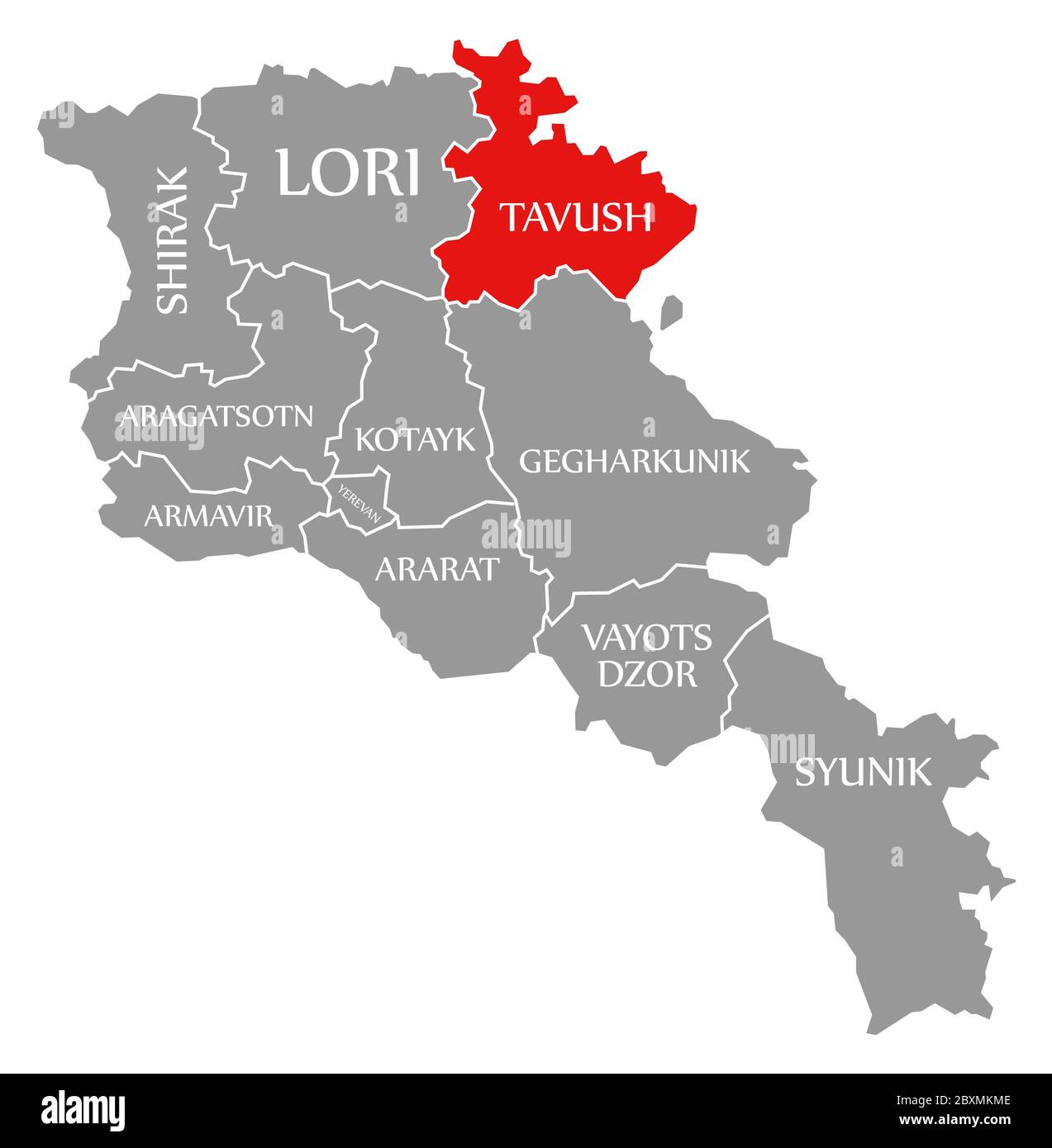 Tavush red highlighted in map of Armenia Stock Photo