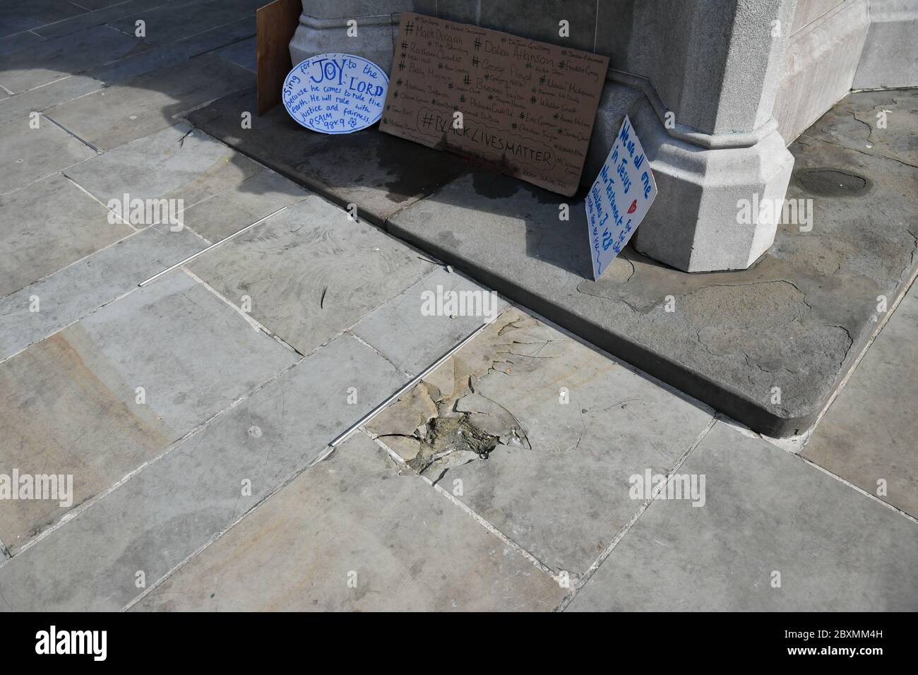 Damage by the empty plinth where the statue of Edward Colston in Bristol once stood after it was taken down during a Black Lives Matter protest on Sunday. The protests were sparked by the death of George Floyd, who was killed on May 25 while in police custody in the US city of Minneapolis. Stock Photo