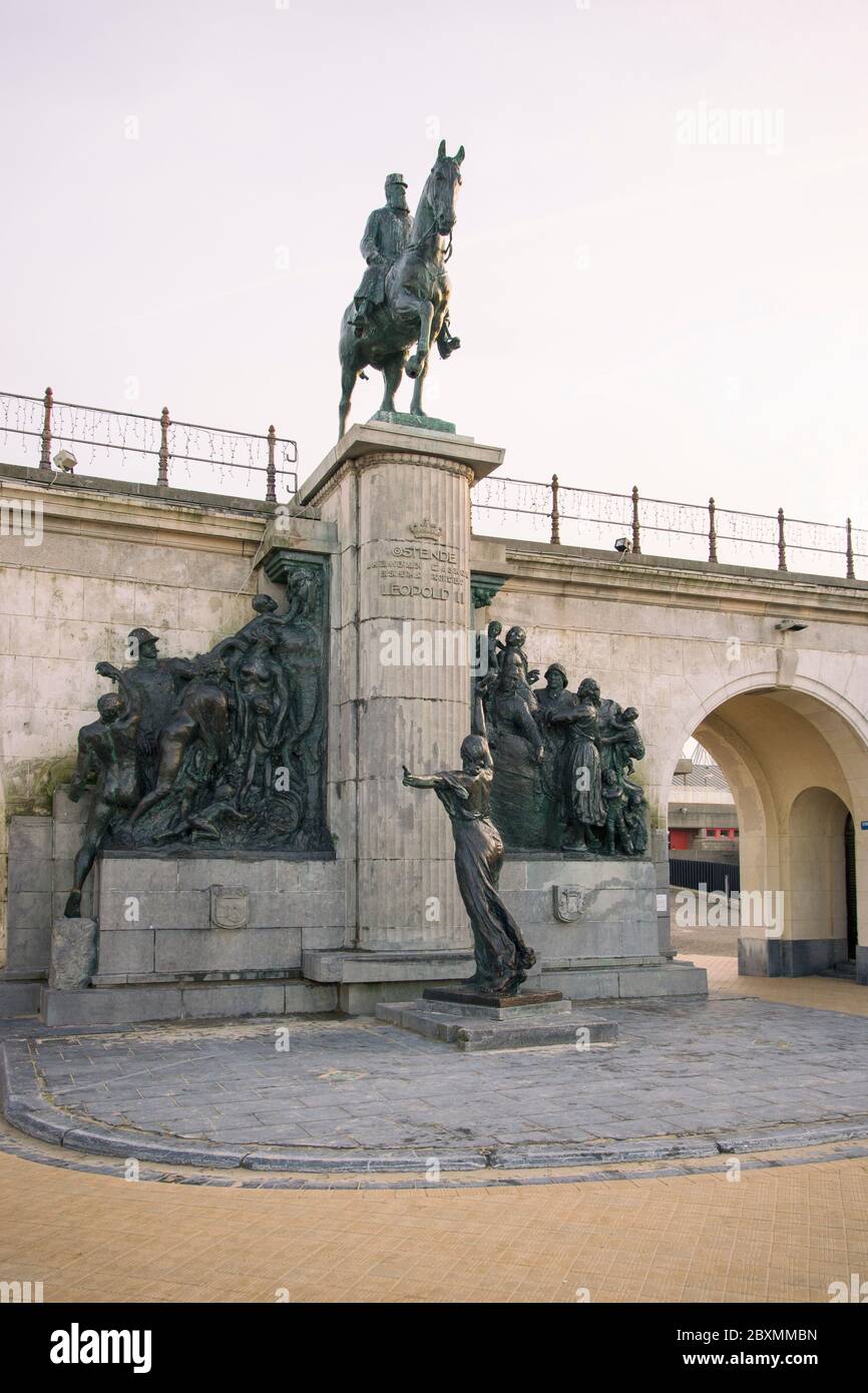 Equestrian statue of Leopold II, second king of the Belgians and founder of the Congo Free state. Ostend, Belgium. Stock Photo
