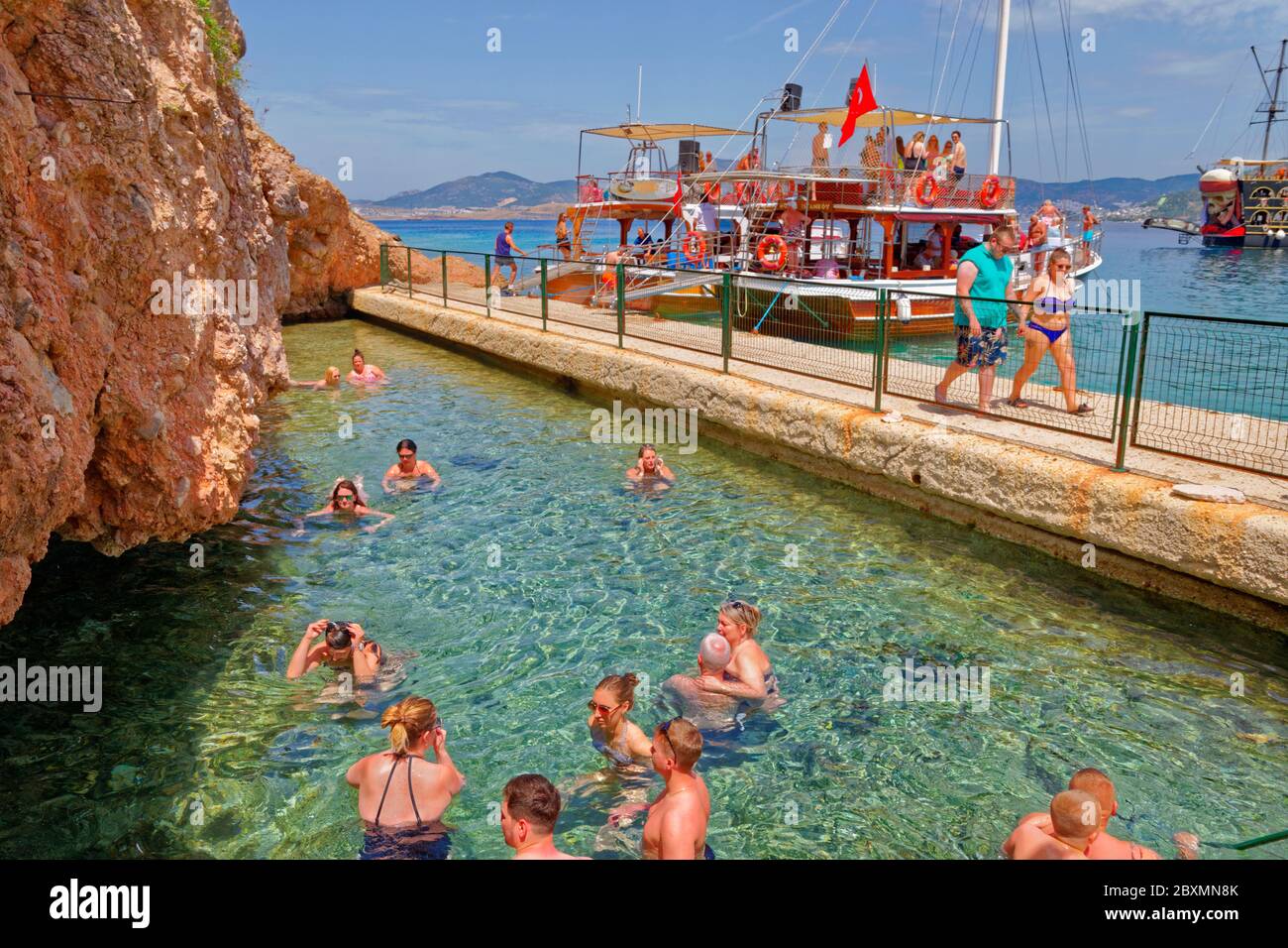 Cleopatra's cave and hot spring pool on Black island opposite Bodrum town in Mugla Province, Turkey. Stock Photo