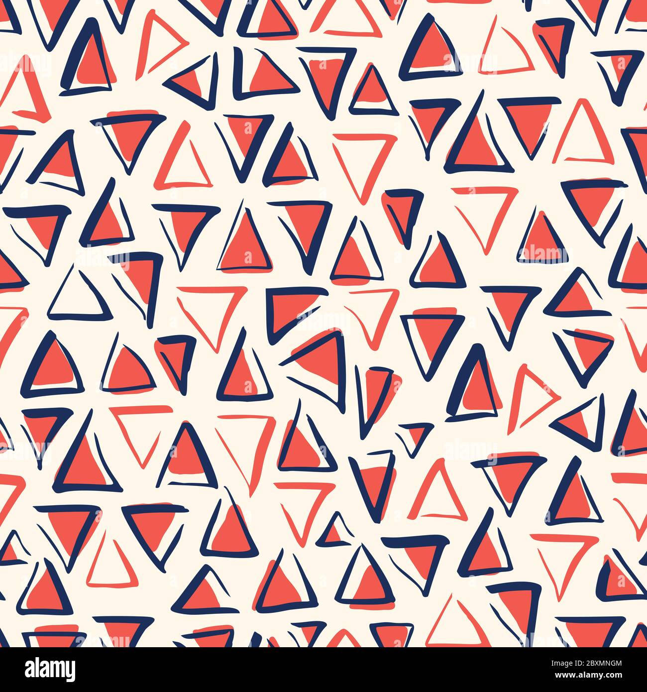Playful Bule White and Red Geometric Vector Seamless Pattern with Hand-Drawn with Brush Triangles Stock Vector