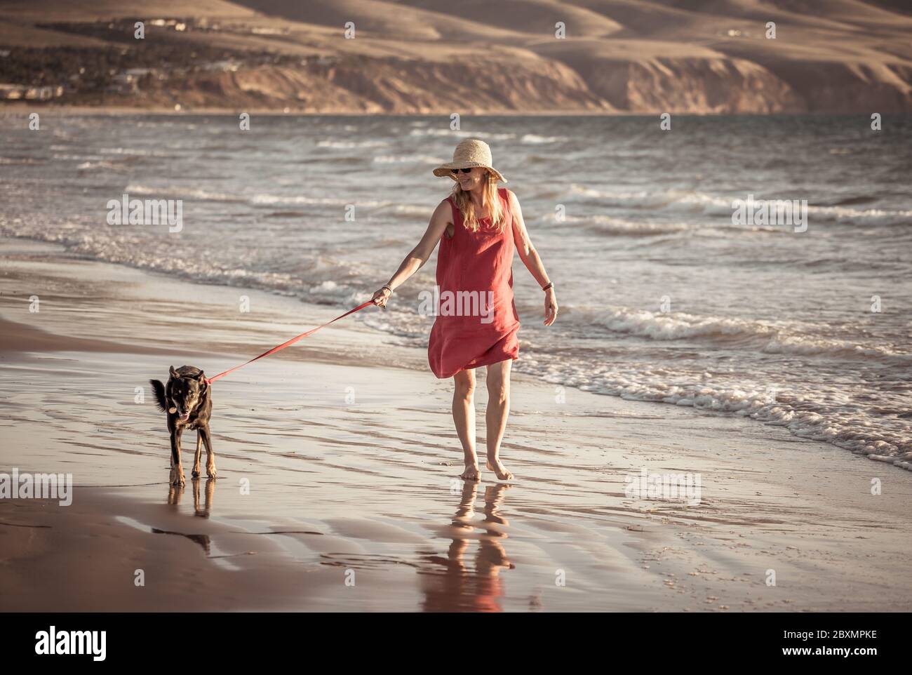 Beautiful mature retired woman and pet dog walking together on empty remote beach. In Outdoors exercise Hope and back to new normal life after Coronav Stock Photo