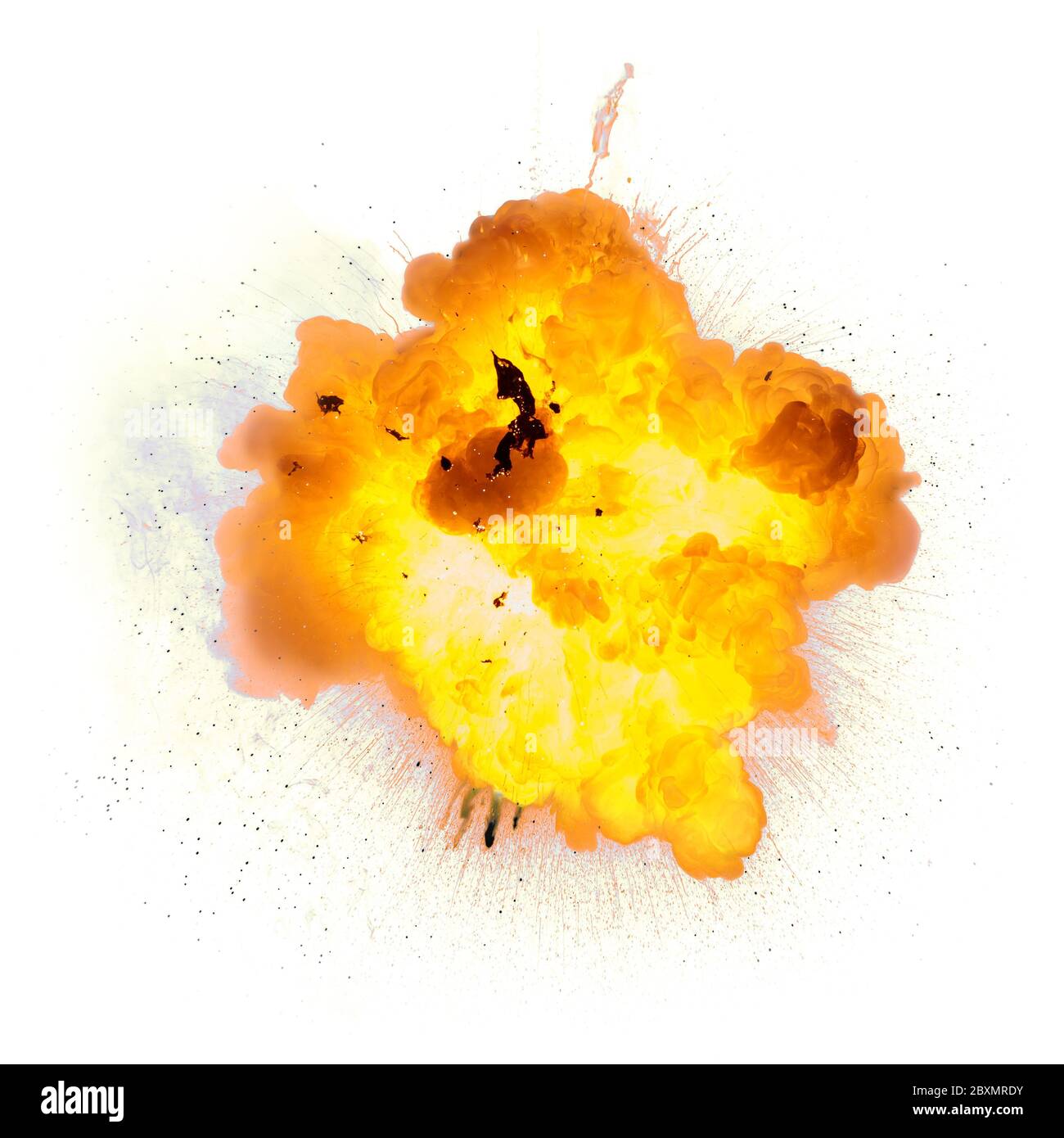 Extremely hot fiery explosion with sparks and smoke, against white background. Texture of fire and smoke Stock Photo