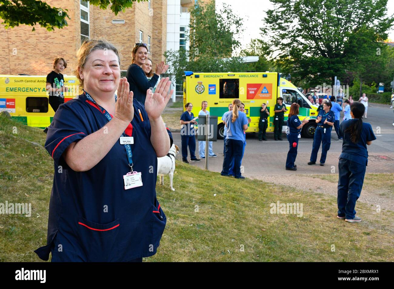 Clinical Support Manager clapping at Thursday 8pm celebration during Coronavirus lockdown, Royal Berkshire Hospital UK May 2020 Stock Photo