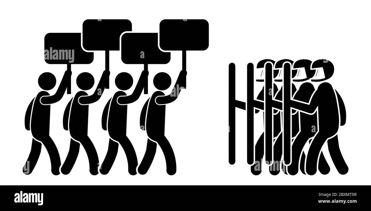 Protesters with Riot Police. Pictogram Illustration depicting protesters with signs and riot police law enforcement. Black and white EPS Vector File. Stock Vector