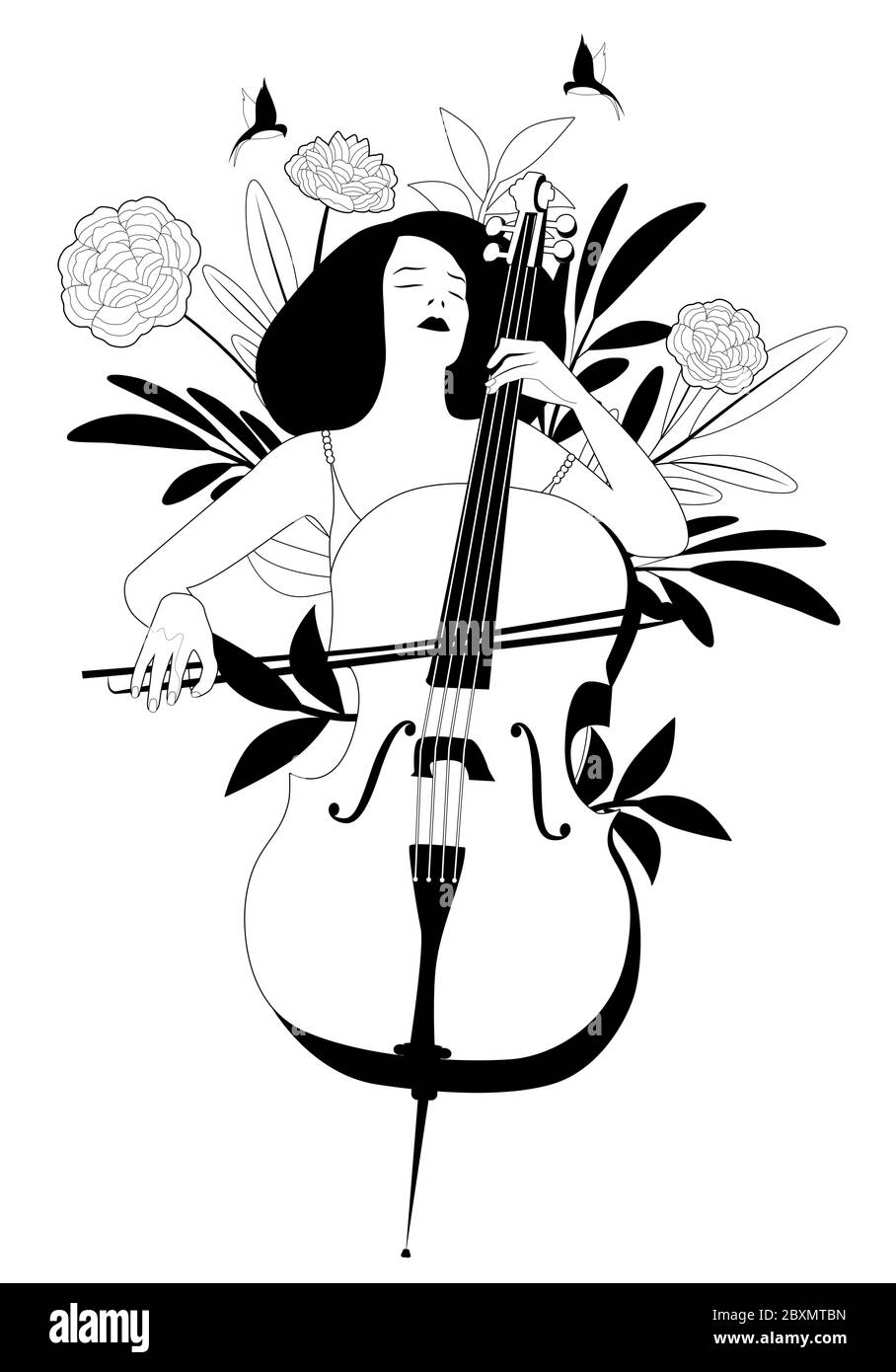 Beautiful Girl Playing The Cello Surrounded By Birds Leaves And Flowers Stock Vector Image