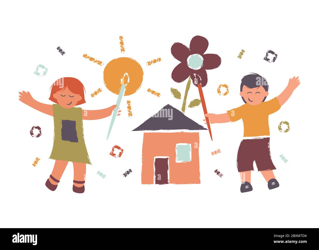 Children draw the sun, flower and house.Concept illustration for painting. Vector illustration in flat style Stock Vector