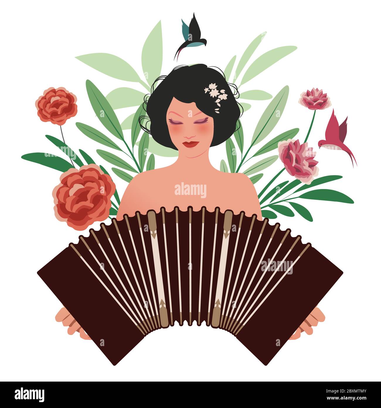 Beautiful girl playing accordion surrounded by birds, leaves and flowers Stock Vector