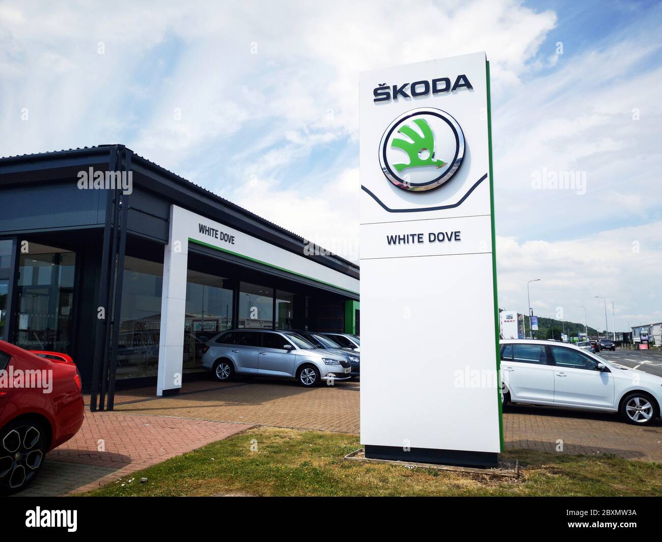 Cardiff, UK: August 19, 2019: Skoda Car Dealership with new and used cars for sale. ŠKODA AUTO - more commonly known as Škoda. Stock Photo