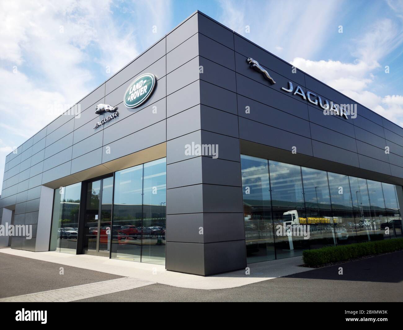 Cardiff, UK June 02, 2020 Jaguar Land Rover car showroom with new and