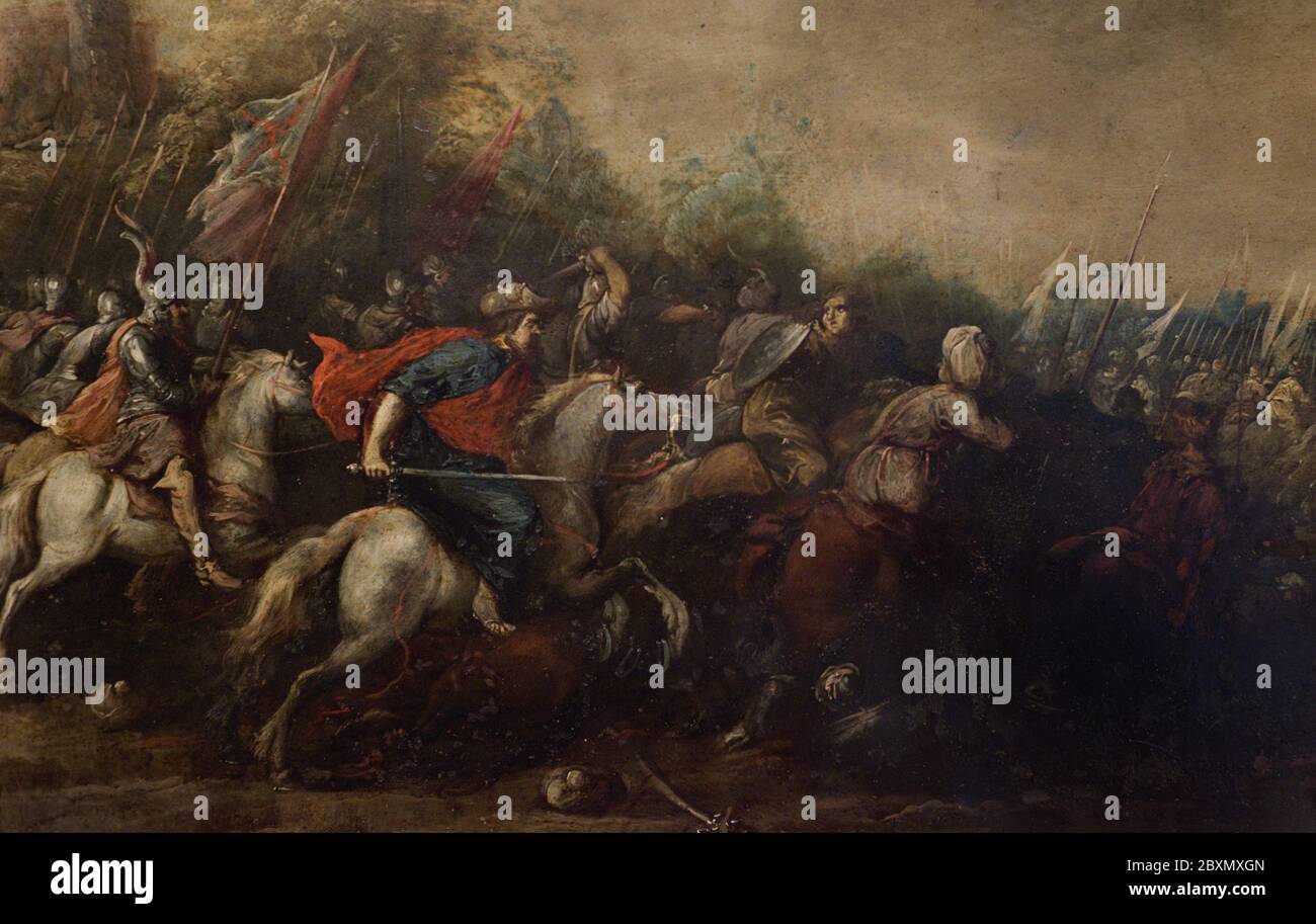 Battle of Clavijo (844). According to tradition, the king of Asturias Ramiro I, helping by the Apostle Saint James mounted on a white horse, defeated a Muslim army commanded by the Emir of Cordoba Abd-al-Rahman in Clavijo. Saint James in the Battle of Clavijo. Painting by Pedro Ruiz Cenzano (ca.1540-1598), late 16th century. Detail. Oil on copper. Museum of Pilgrimage and Santiago. Santiago de Compostela, Galicia, Spain. Stock Photo