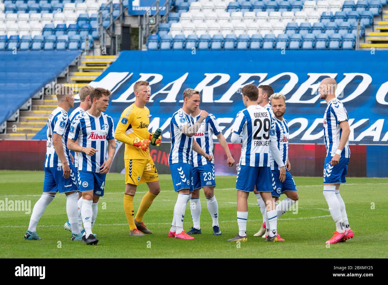 Odense, Denmark. 07th June, 2020. The players of OB are preparing for the  3F Superliga match