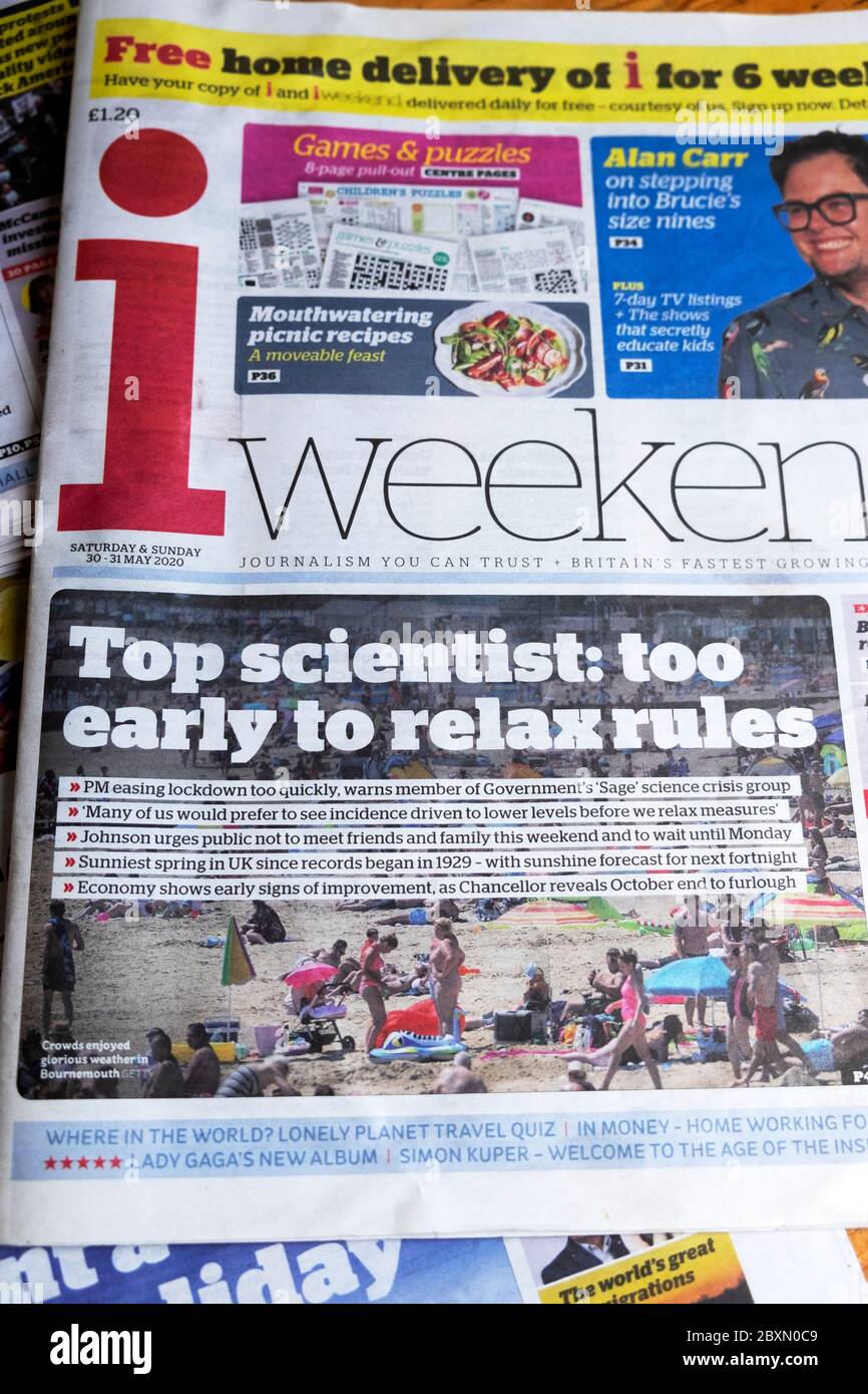 'Top scientist: too early to relax rules' Covid 19 Coronavirus corona pandemic on i newspaper front page headline 30 - 31 May 2020 London England UK Stock Photo