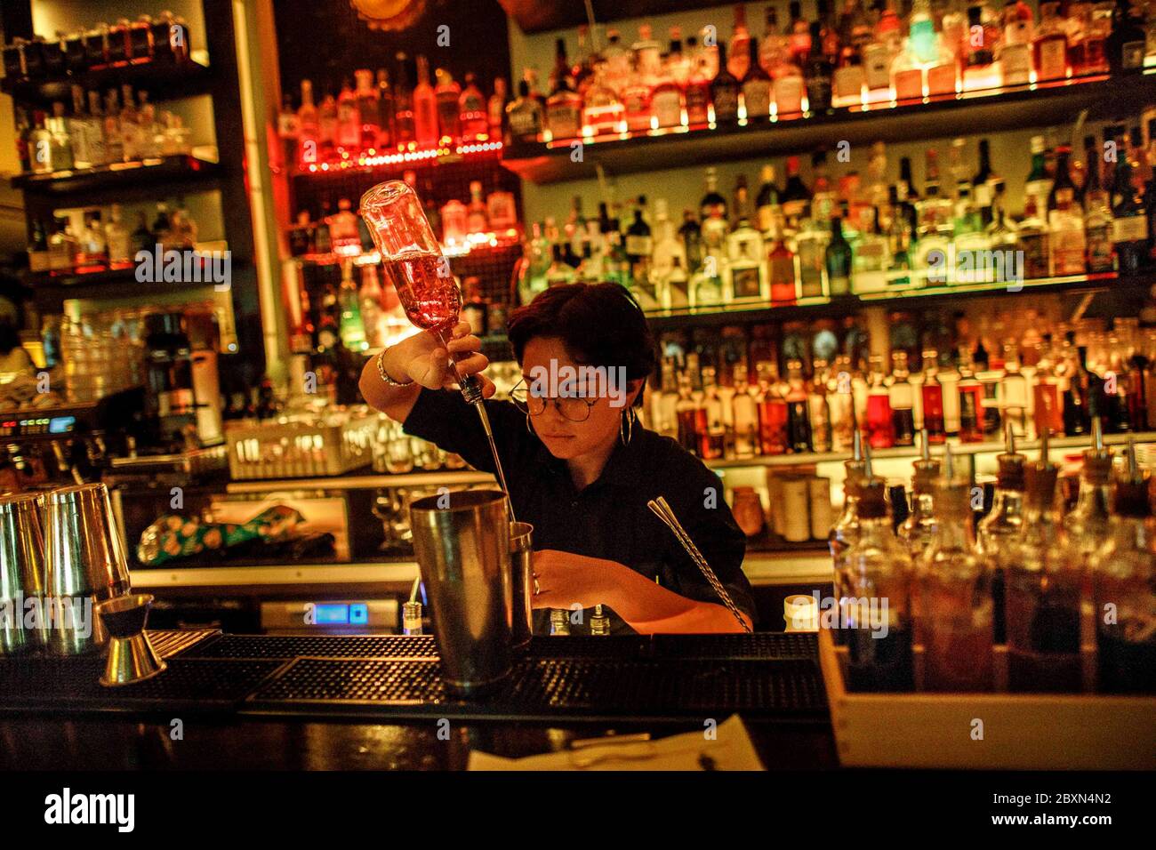 Berlin, Germany. 05th June, 2020. The bartender mixes cocktails at the