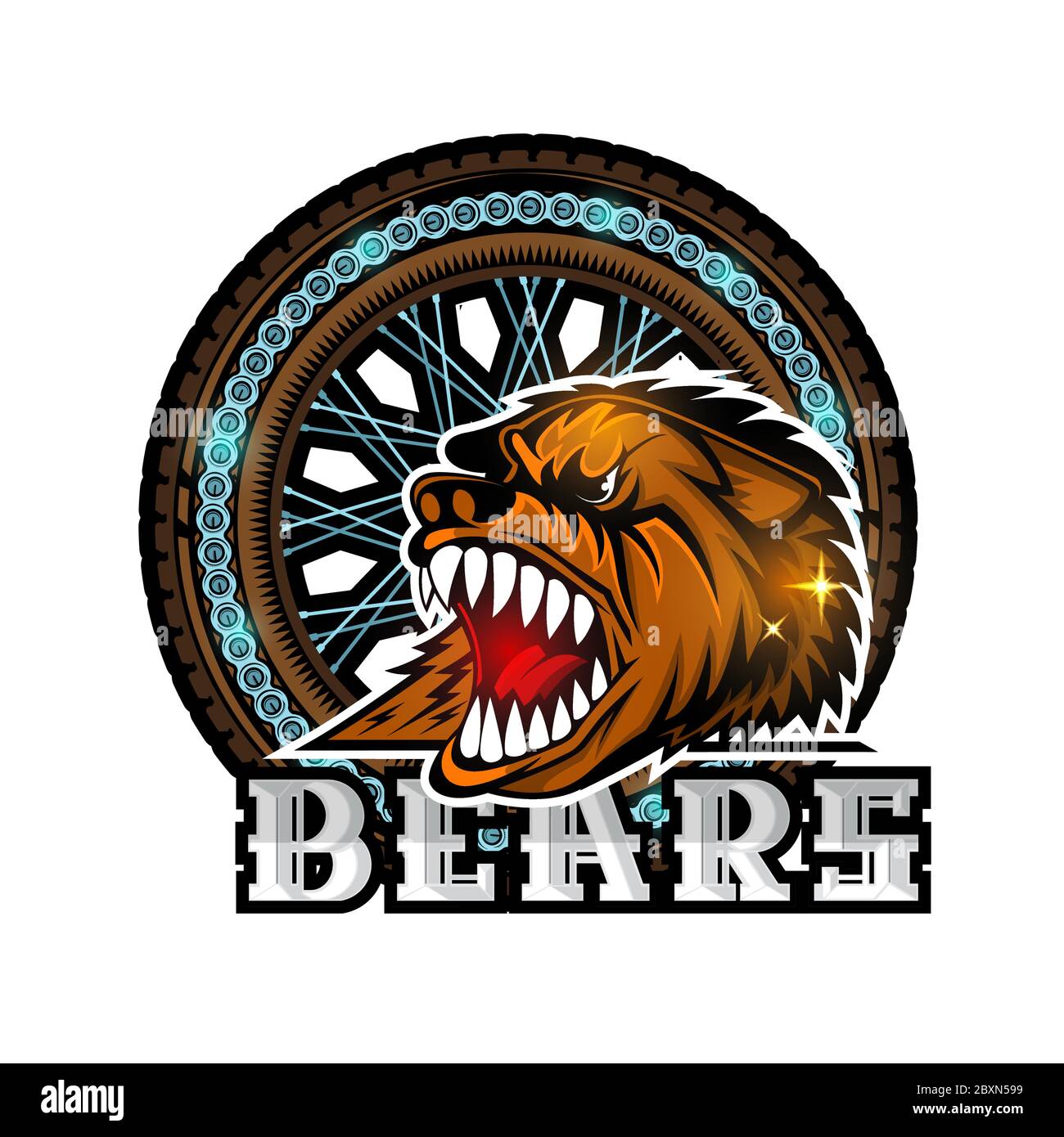 Bear's head in center of motorcycle wheel, color label isolated on