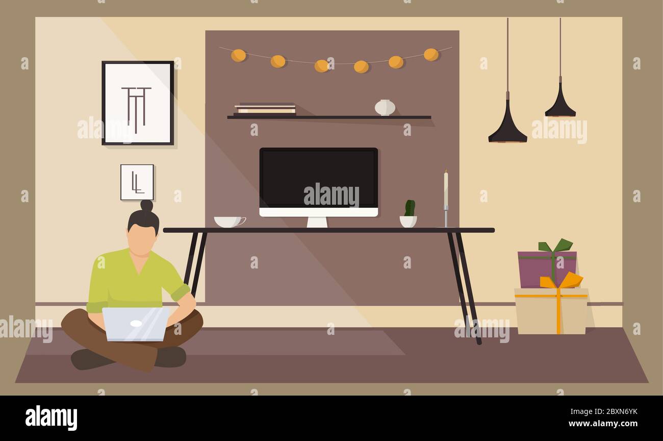 man is working on laptop, sitting on ground in his home Stock Vector