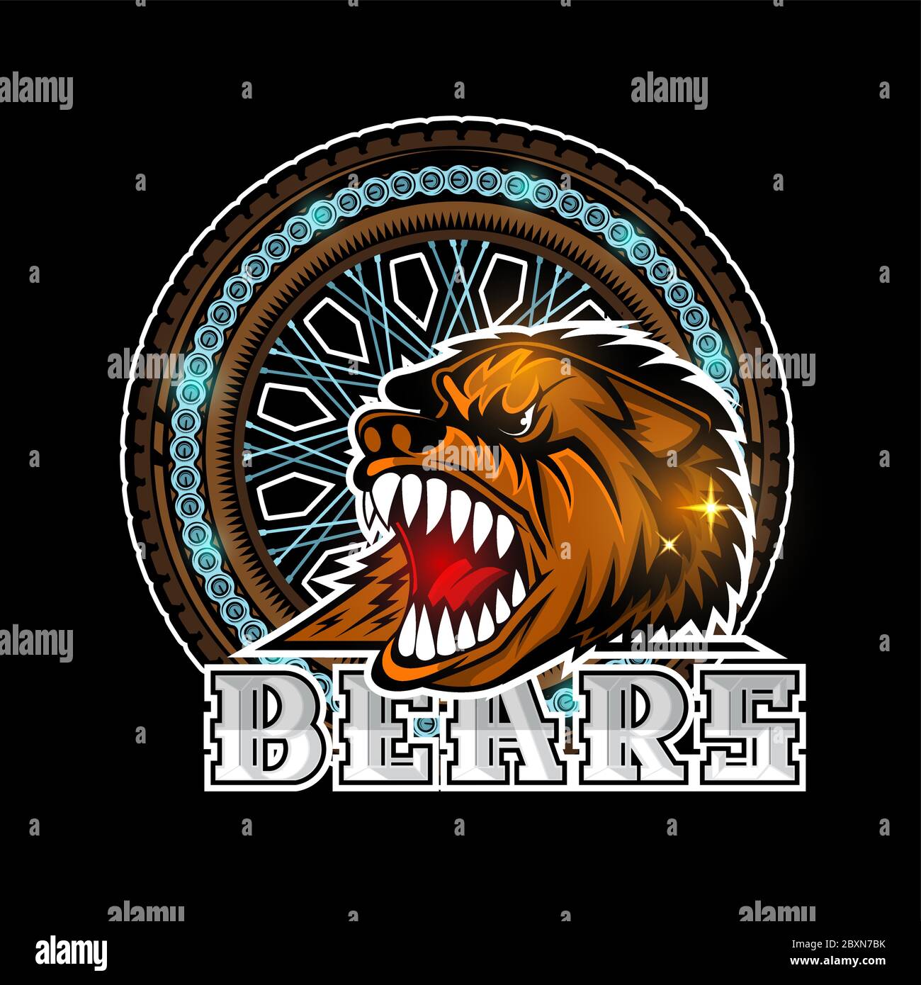 Bear's head in center of motorcycle wheel, color label on black Stock