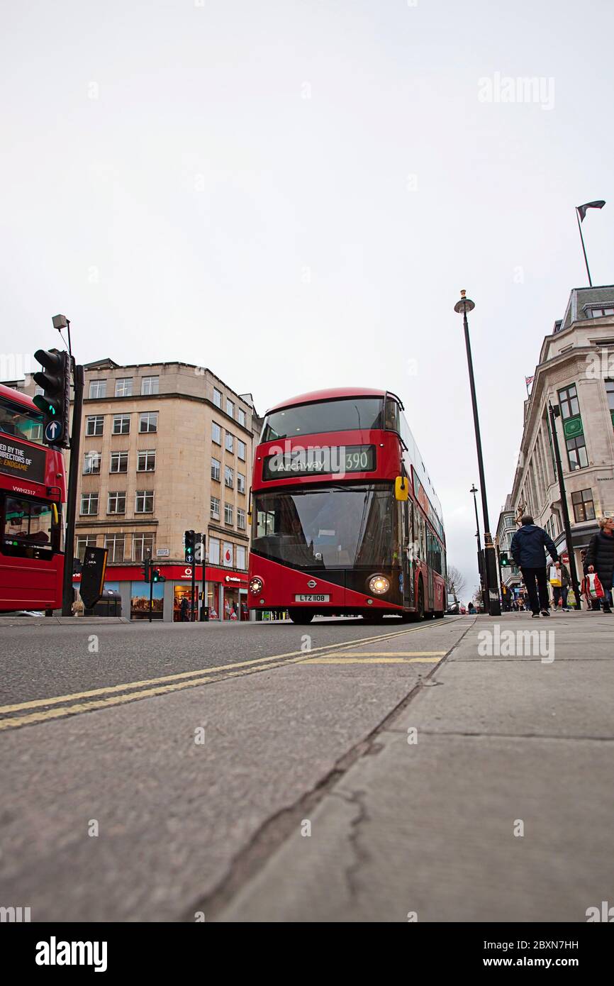 Red London Bus, Oxford St, Soho, London, United Kingdom Stock Photo