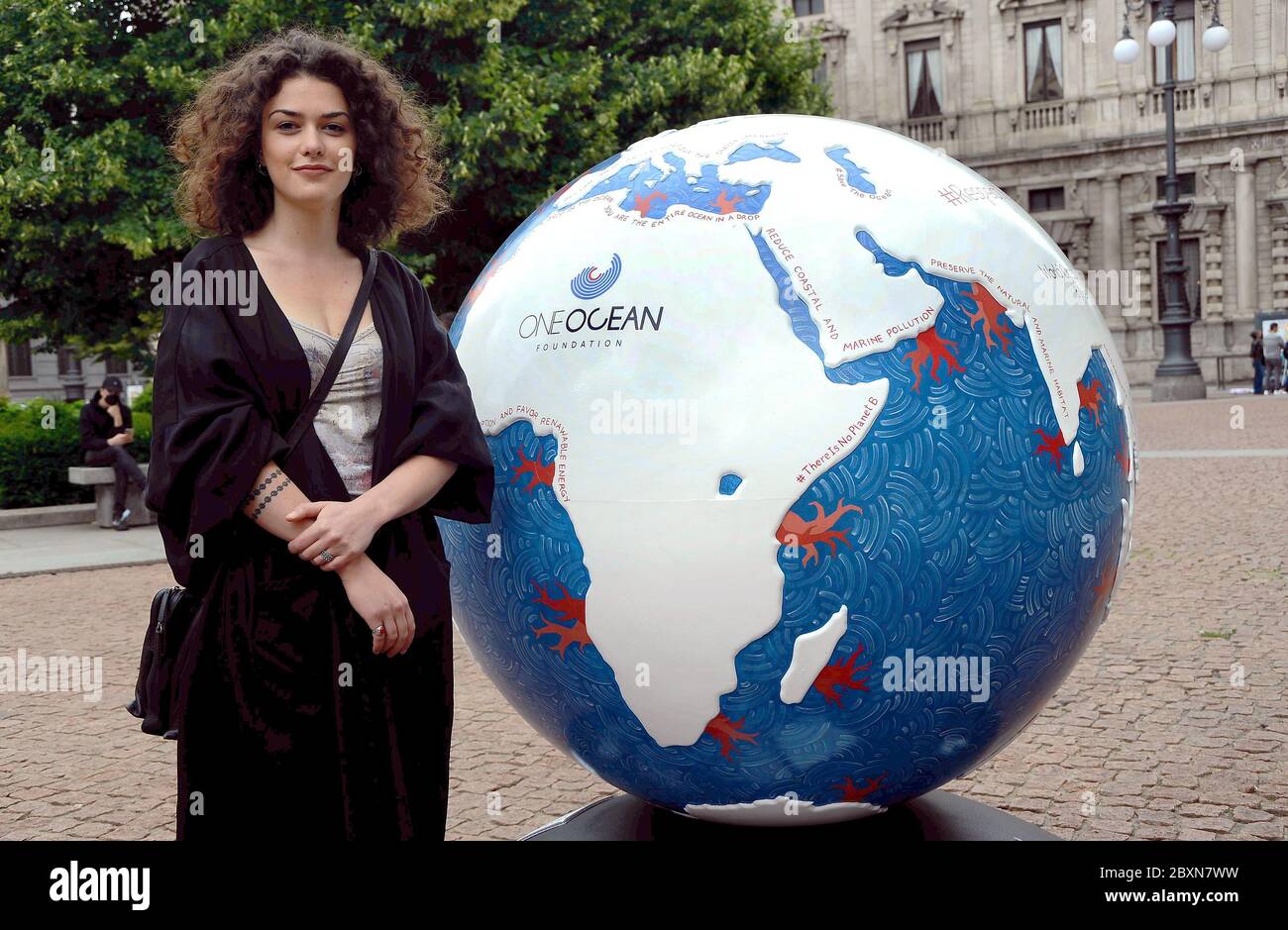 Milan, Italy. 08th June, 2020. Milan, As part of World Oceans Day,  Inauguration of the Globo One Ocean Foundation, in Piazza della Scala,  within the WePlanet project 100 Globi per environment, The