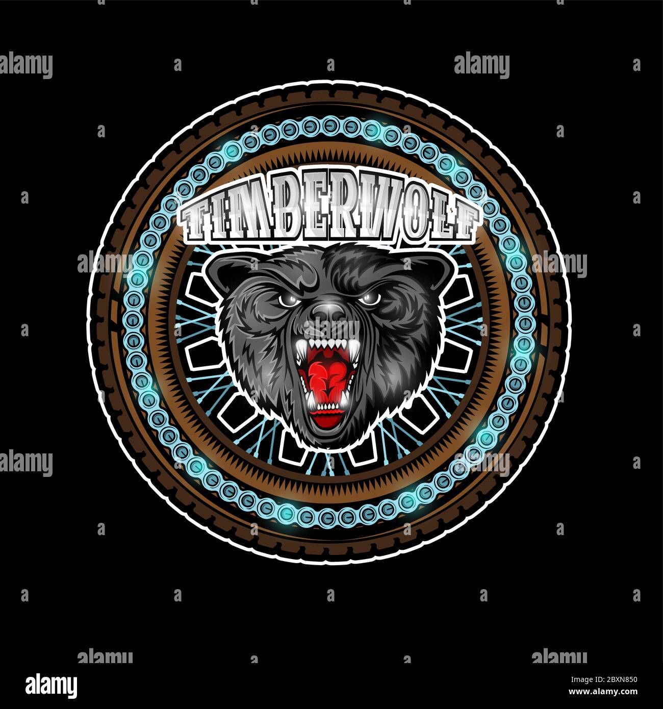 Wolf's head in center of motorcycle wheel, color label on black